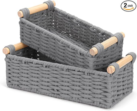 Boho Cotton Rope Storage Baskets Set of 2, Woven Wicker Organizer Bins with Wooden Handles, Small Decorative Boxes for Organizing, Toilet Paper Baskets for Bathroom Countertop, Shelves (Gray 2 Pack)