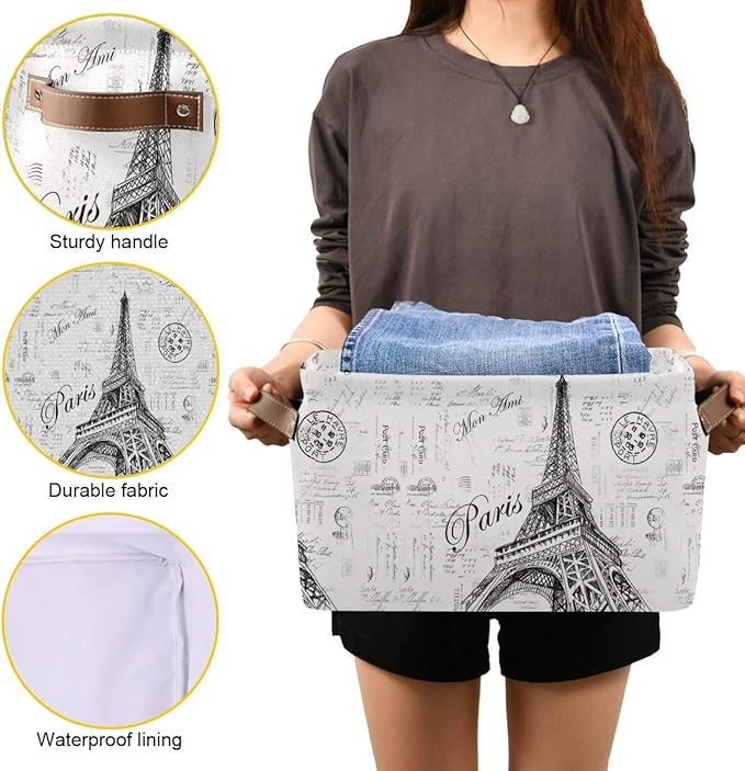 Storage Basket Paris Eiffel TowerStorage Bin Cube with Handles Foldable Storage Baskets for Shelves Living Room Home Decor 2PCS