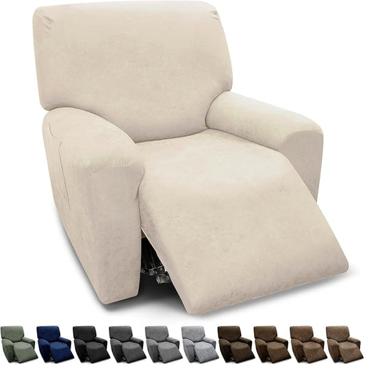Chair Covers 4-Pieces Recliner Chair Covers 1 Seater Cover for Recliner Chair Leather Look Recliner Slipcovers with Pockets Furniture Covers(Recliner, Ivory)