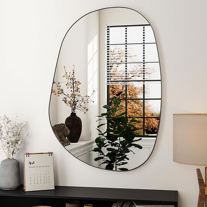 38"x26" Bathroom Mirror for Wall, Irregular Bathroom Mirrors for Over Sink, espejos decorativos de pared, Modern Metal Framed Vanity Mirror for Bedroom, Entryway, Bathroom, Living Room, Black
