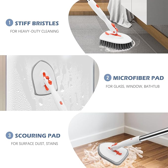 SetSail Grout Cleaner Brush with Long Handle & 3-in-1 Tile Tub Floor Scrubber, V-Shaped Floor Scrub Brush Swivel Grout Brush Stiff Bristle Floor Grout Scrubber for Bathroom