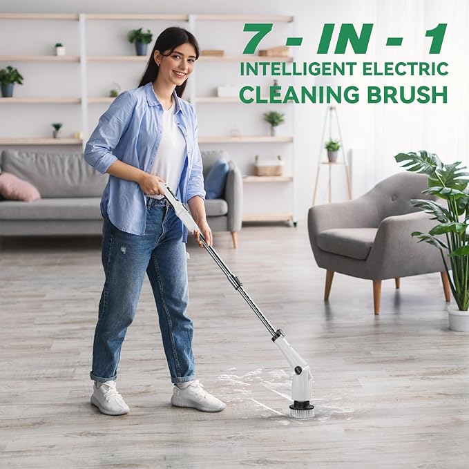 7.4V Electric Spin Scrubber Handheld Cordless Cleaning Brush Electric Cleaning Brush Kit with 7 Brush Heads, Adjustable Handle, 3 Speeds, Ideal for Home Kitchen Bathroom Wall Floor(Black)