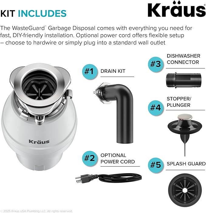 KRAUS WasteGuard 1/2 HP Continuous Feed Garbage Disposal with Ultra-Quiet Motor for Kitchen Sink with Power Cord and Flange Included, KWD201-50MCG