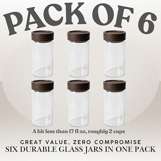 Wide Mouth Glass Storage Jars With 3" Acacia Wood Lids - 6 Pack of 16.9 Oz Airtight Food Storage Containers - Borosilicate Glass Canisters for Kitchen - Pantry Organizers Storage for Flour Rice Coffee