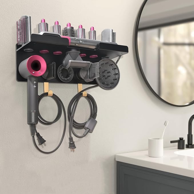 Dyson Airwrap Holder, Dyson Airwrap Wall Mount, 2in1 Dyson Airwrap Organizer and Dyson Hair Dryer Holder, Dyson Hair Dryer Stand for Dyson Airwrap Styler & Supersonic Nural Black UEMUSI