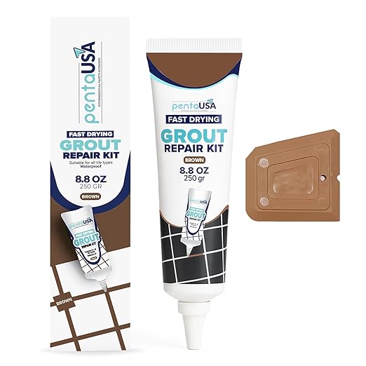 PentaUSA Brown Tile Grout Repair Kit - Premixed Filler for Cracks & Gaps, Waterproof Ready to Use Grout Repair for Shower, Kitchen & Bathroom-8.8oz (250g - 0.55 lb)