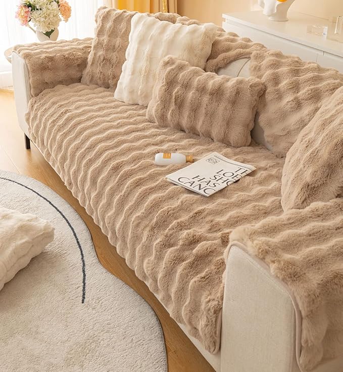 Soft Warm Faux Fur Couch Sofa Cover Thick Shaggy Fuzzy Sectional Couch Cover Non-Slip Solid Color Plush Sofa Slipcover Furniture Protector for Kids, Pets (Coffee,43"x43")