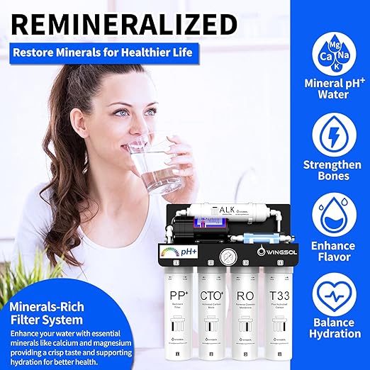 WINGSOL WINGSOL Reverse Osmosis Water Filter, Mineral Alkaline UV Space-Saving Tankless RO System, Remineralize pH+ 12-Layer Filtration Under Sink, NSF/ANSI 42&53&58 Certified, Plug-in Required