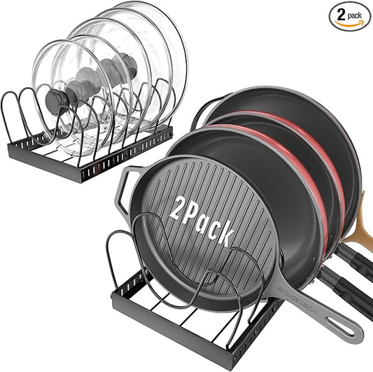 2PACK Pot Lid Organizers Inside Cabinet for Kitchen, Pots and Pans Organizer Under Cabinet with 16 Adjustable Dividers, Countertop Lid Holder, Rust-Resistant, Tool-Free Installation, Easy to Clean