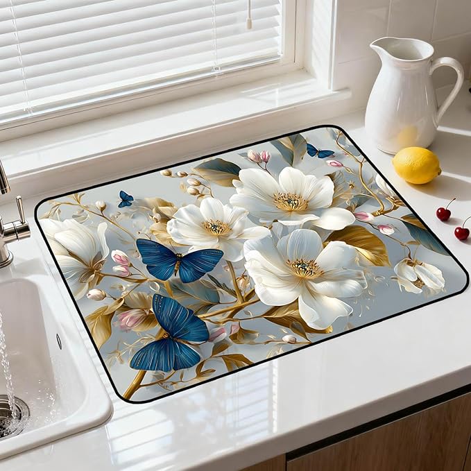 Glass Stove Top Covers for Electric Stove, Heat Resistant Counter Protector Mat, Non Slip Waterproof Surface Cover for Kitchen Counter and Cooktop (White Flowers, 28"L x 20"W)