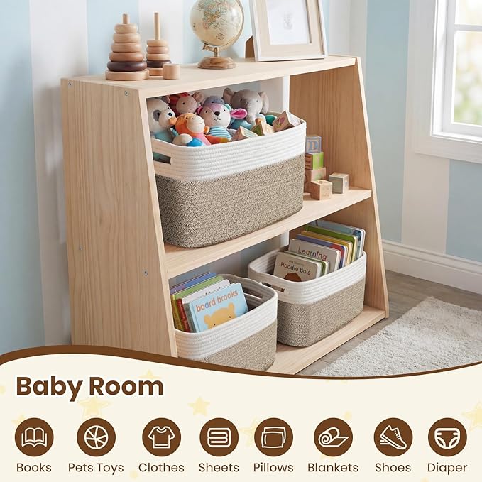 Storage Baskets for Organizing, 14 x 10 x 9” Closet Shelf Woven Baskets, Square Bins with Handles, Cotton Rope Basket for Toys, Clothes, Office, Room, White+Rice Brown 1 Pack