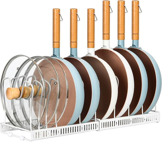 ROOHUA Pot Rack Organizer -Expandable Pot and Pan Organizer for Cabinet,Pot Lid Organizer Holder with 10 Adjustable Compartment for Kitchen Cabinet Cookware Baking Frying Rack