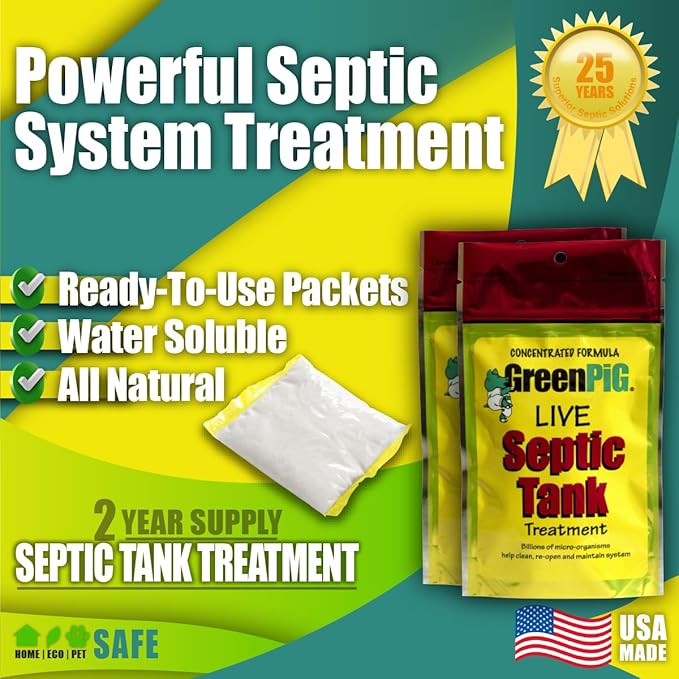 Green Pig Septic Tank Treatment Packets – Septic-Safe Enzyme Treatment for Preventative Maintenance, Helps Prevent Clogs & Odors, 2-Year Supply (8 Packets)