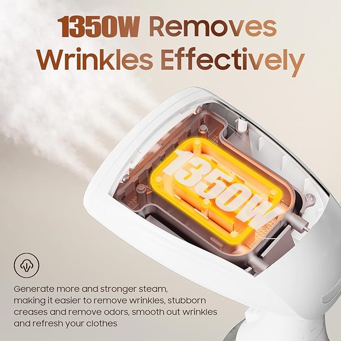 Portable Hand Held Steamer for Clothes - 1350W Handheld Clothes Steamer, 15S Rapid Heating, Garment Wrinkle Remover Fastly Make Clothes Soft, Large-Capacity Iron for Hotels/Travel