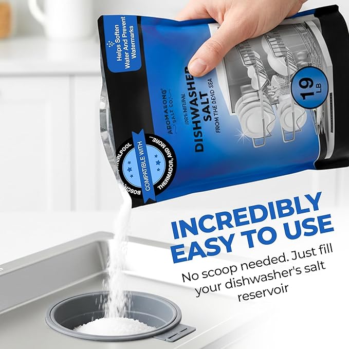 Aromasong Dishwasher Salt 19 LB - 100% Natural Water Softening Agent for Cleaner Dishes & Washer Reactivation Compatible with Bosch, Miele, Whirlpool, Thermador and More (packaging may vary)