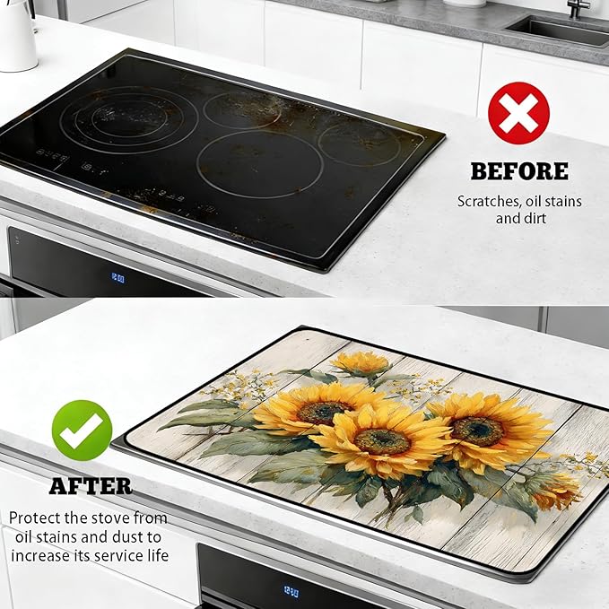 Glass Stove Top Covers for Electric Stove, Heat Resistant Counter Protector Mat, Non Slip Waterproof Surface Cover for Kitchen Counter and Cooktop (Rustic Sunflowers, 28"L x 20"W)