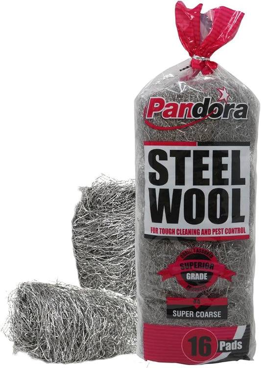 Pandora Steel Wool #4 – Extra Coarse Grade, 16 Pads for Tough Cleaning and Pest Control - Quality Metal Strands - Ideal for Removing Stubborn Paint, Rust, Dirt, and Varnish