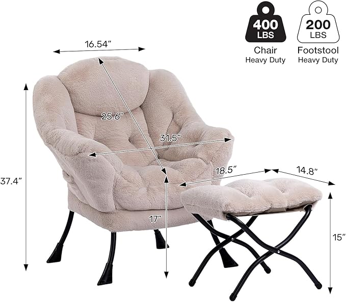 HollyHOME Lazy Chair with Foldable Ottoman, Accent Comfy Lounge Armchair and Folding Footrest Stool, Leisure Sofa Reading Chair and Footstool for Living Room, Bedroom, Dorm,Faux Fur Light Camele