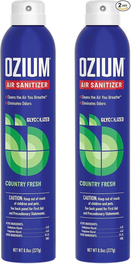 Ozium Air Sanitizer Spray - Room Odor Eliminator for Home, Car, and Office - Country Fresh Air Cleaner - 8 oz Can - 2 Pack