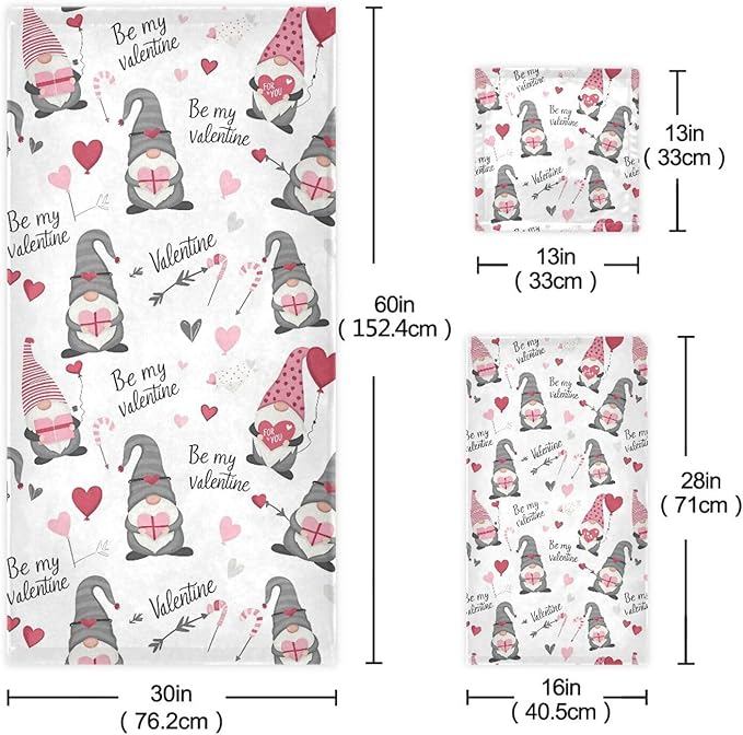 Pfrewn Cute Gnomes Hearts Pink Towels Set of 3 Romantic Romantic Love Spring White Bathroom Towel Soft Absorbent Bath Hand Towels Washcloth Guest Towel Sets Mother Valentine Decorations