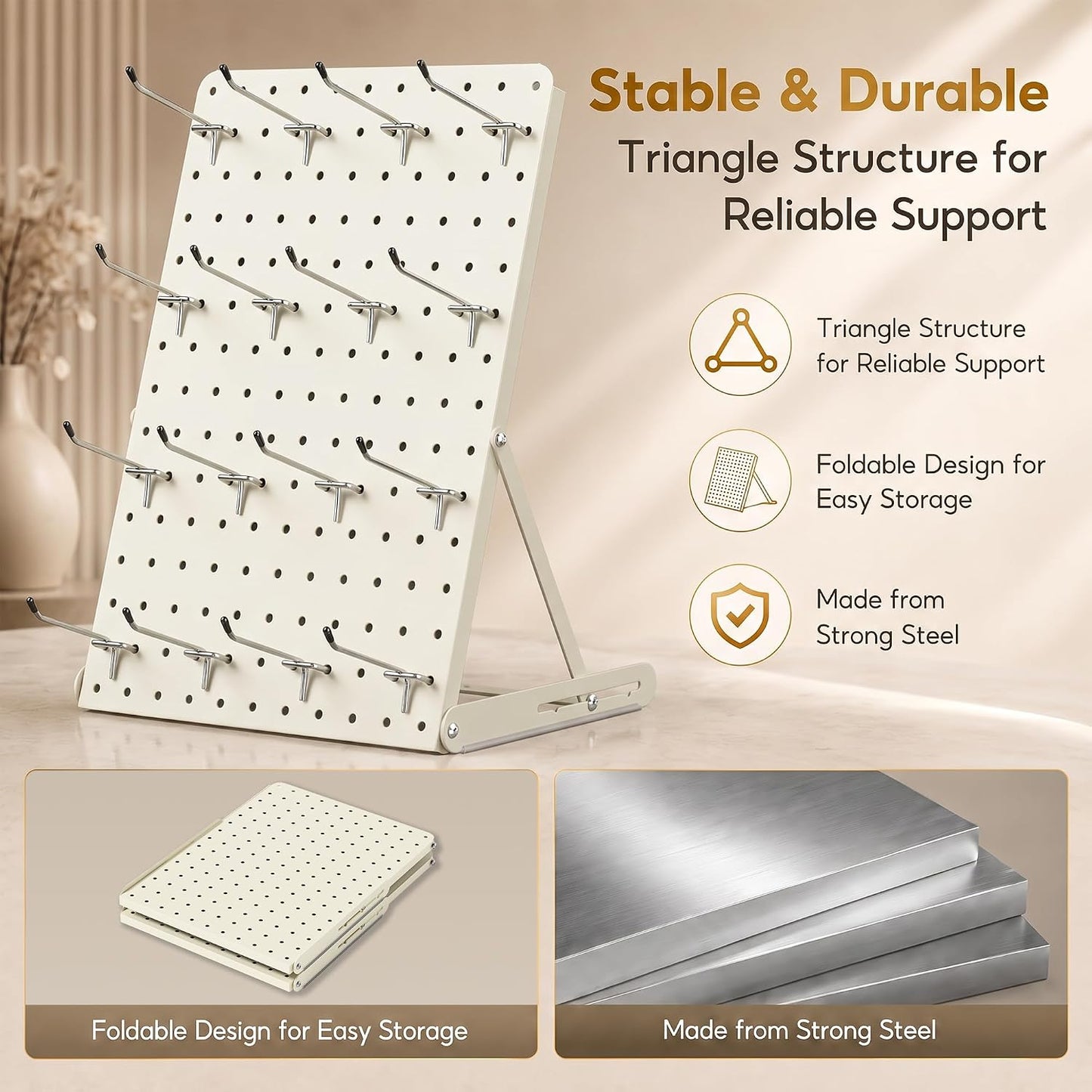 Tabletop Pegboard Organizer with 26 Hooks — Modular Display & Storage Stand, 10.6"×14.8", Metal, Black