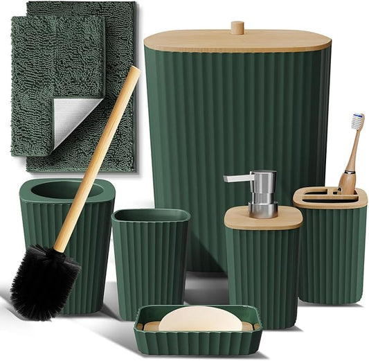 Clara Clark Bathroom Set - Hunter Green Bathroom Accessories Set, 6PC Bathroom Accessory Set, Bathroom Sets with Bathroom Rugs, Toilet Brush, Trash Can & Soap Dispenser