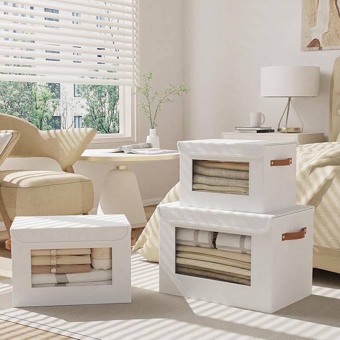 Storage Box with Handles, Decorative Linen Closet Organizer, Storage Bin for Shelves with Lid, 17.7 x 11.8 x 11.8 Inch, White, 1-Pack
