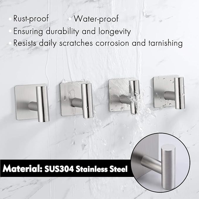 Towel Hook 6 Pack Adhesive Bathroom Robe Hooks, Sticky Coat Hooks for Hanging, Closet, Coat Hook SUS304 Stainless Steel Brushed, BTH7204-2-P6