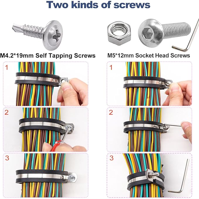 Taiss 40PCS 3/4 Inch Cable Clamps 304 Stainless Steel Rubber Cushion Insulated Wire Clamps,Loop Clamps,Metal Clamp,Pipe Clamps With two kinds of screws,(19mm) F-098-19mm