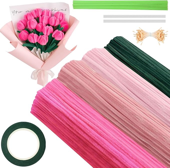 350 Piece Pipe Cleaner Craft, 4 Color Pipe Cleaners Bulk, Chenille Stems for DIY Flower Making Kits with Hot Melt Adhesive, Gardening Tape, Stamens (Pink)