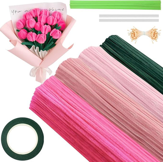 350 Piece Pipe Cleaner Craft, 4 Color Pipe Cleaners Bulk, Chenille Stems for DIY Flower Making Kits with Hot Melt Adhesive, Gardening Tape, Stamens (Pink)