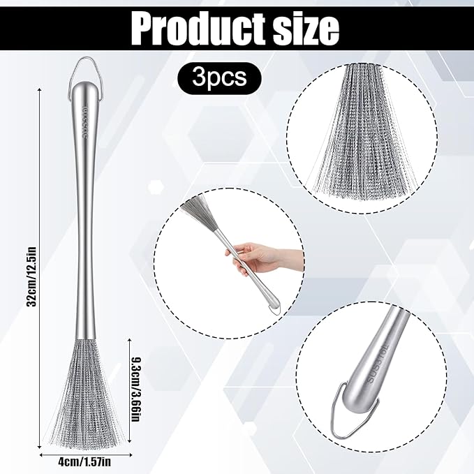 3 Pieces Stainless Steel Dish Brush with Handle, Metal Steel Wool Scrubber for Cast Iron, Cookware, Pot, Pan, Grill, Griddle, Stoves, Sink, Kitchen Scrub Brush for Cleaning