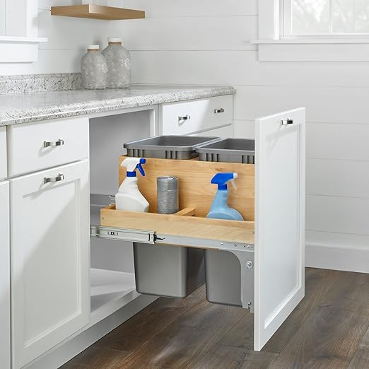 Rev-A-Shelf Top Mount Double Pullout Under Cabinet 50 Quart Kitchen Trash Cans w/ Soft-Close for Full Height Cabinet, 150 Pound Rated Full-Extension Slides, 4WCTM-2450BBSCDM-2