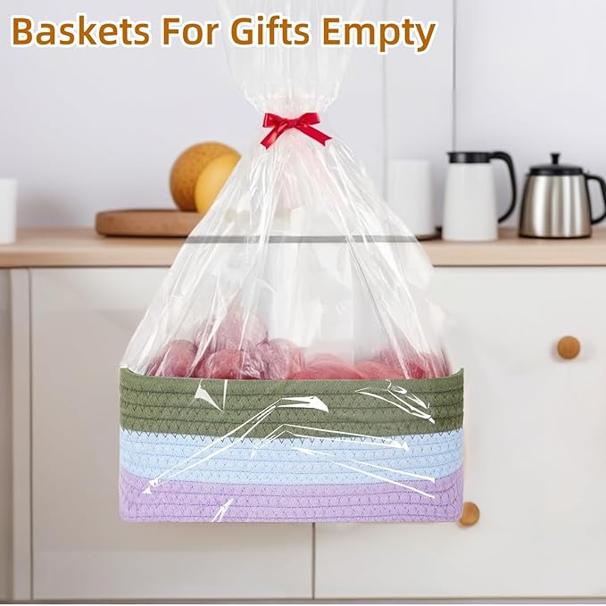 4 Pack Storage Baskets for Organizing, Small Storage Bins for Shelves, Woven Cotton Rope Baskets with Handles, Organizer Baskets for Gifts Empty, 12''Lx8''Wx4.5''H (Rainbow)
