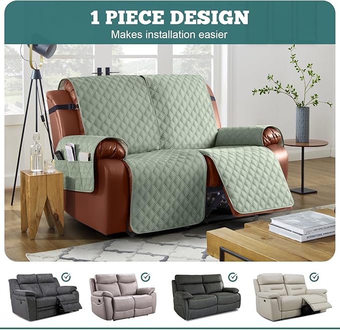 Ruaozz Waterproof Recliner Sofa Covers, 1-Piece Couch Covers for Reclining Couches Reclining Couch Cover Washable Furniture Protector with Elastic Straps Pocket for Kids Pets (Sage Green, 2 Seater)