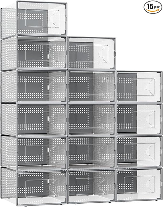 X-Large Shoe Storage Box, 15 Pack Clear Plastic Stackable Shoe Organizer for Closet, Interlocking Design Shoe Container Bins for Sneakers, Foldable Shoe Rack with Lids, Gray