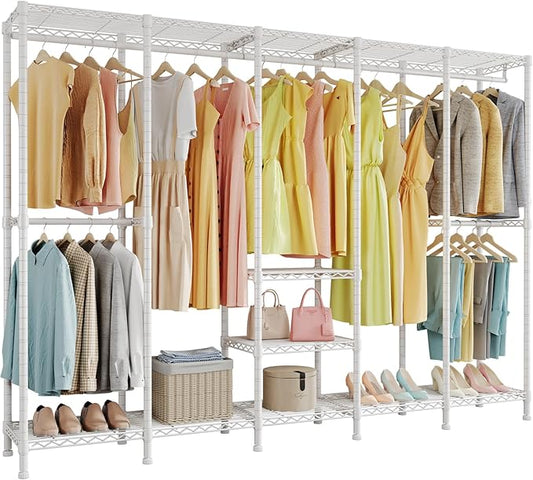 H5 Extra Large Heavy Duty Clothes Rack, Wire Garment Rack, Freestanding Clothing Rack for Hanging Clothes, Wardrobe Closet with Adjustable Shelf, 93.3" Wx15.7 Dx75.4 H, White, Load 1400 lbs
