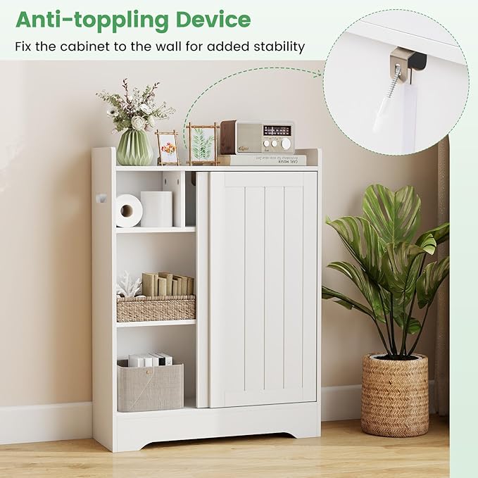 Giantex Bathroom Storage Cabinet, Slim Floor Cabinet w/2 Sliding Doors & Adjustable Shelves, Next to Toilet Storage Organizer w/Toilet Paper Holders & Brush Compartment for Small Space (White)