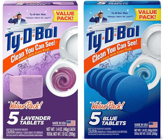 Ty-D-Bol Bleach-Free Toilet Bowl Cleaner Tablets Variety Pack - (10 Pack) 1.4 oz - 5 Lavender and 5 Blue Tablets - Fights Hard Water Stains, Mineral Buildup & Limescale - Bathroom Cleaning Supplies