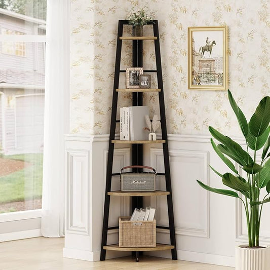 BON AUGURE Corner Ladder Shelf, 5 Tier Metal Wood Corner Bookshelf, Tall Shelving Unit Shelf Plant Stand for Living Room, Home Office, Bathroom (Vintage Oak)
