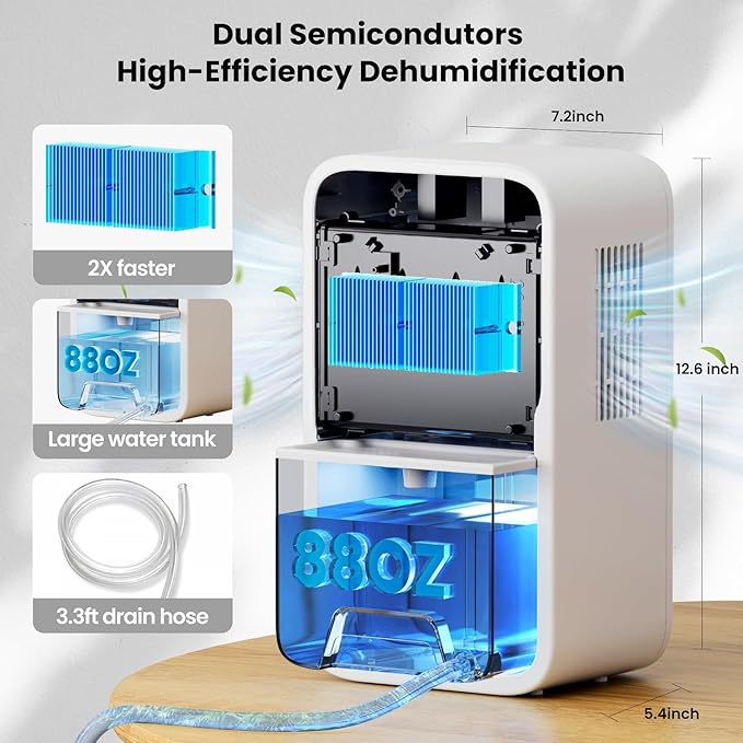 Dehumidifiers(88OZ) for Home Small Dehumidifier With Drain Hose Timer (8-12-24H) Ultra-Quiet with Sleep Mode Auto Shut Off for Bedroom Bathroom Basement Kitchen RV Closet（850.0Sq.ft)