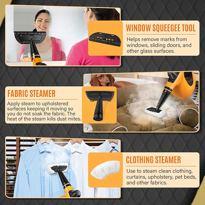 Powerful Handheld Steam Cleaner with 11pcs Attachments for All Surface Cleaning, Chemical Free Steam Cleaner for Home, Steamer for Cleaning Bathrooms, Kitchens, Tile, Grout, Windows, Shower, Couch,Car