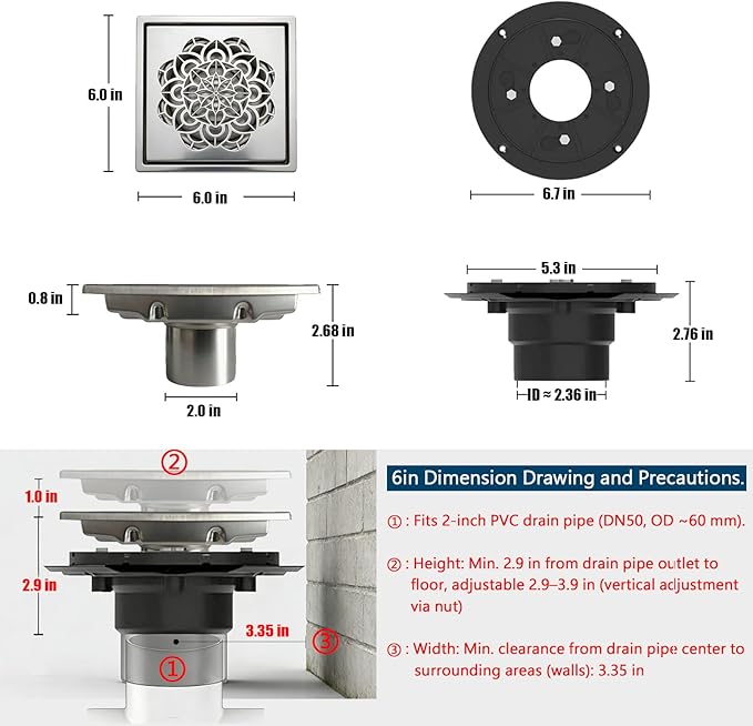 6 Inch Shower Drain, Square Shower Floor Drain Kit with Flange and Removable Cover Grate, AISI 304 Stainless Steel, Brushed Nickel