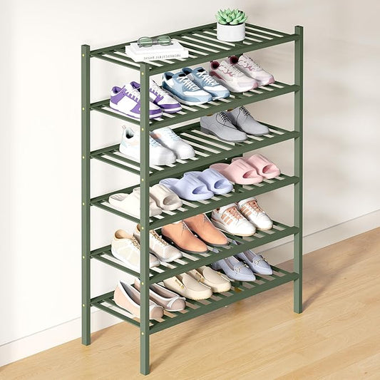 Smiry Bamboo Shoe Rack for Closet, 6 Tier Wooden Stackable Shoe Organizer, Free Standing Shoes Storage Shelf for Entryway, Front Door Entrance, Green