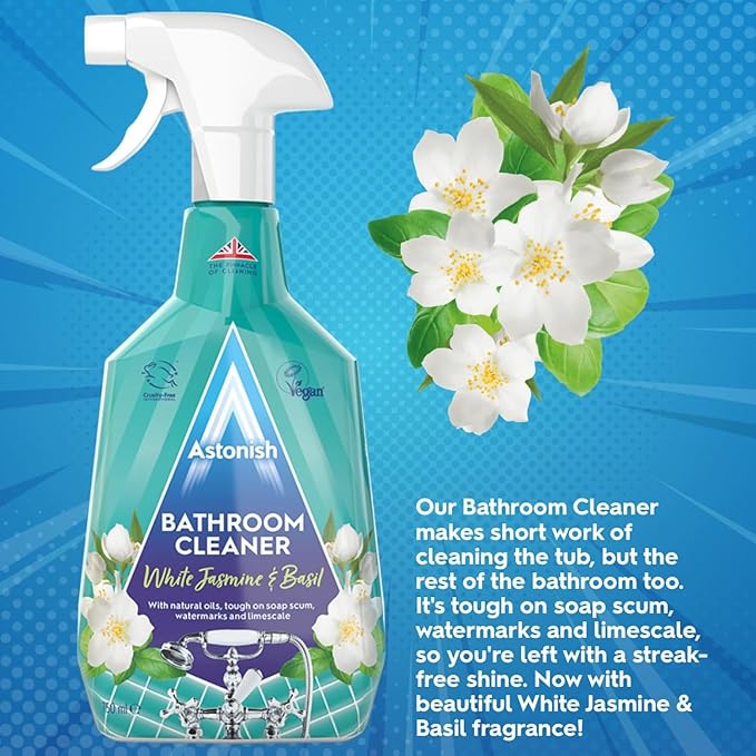 Astonish Streak Free Foaming Bathroom Cleaner Spray Bottle - Deep Cleaning White Jasmine & Basil Scented Spray For Soap Scum, Watermarks & Limescale - Cruelty Free Household Cleaning Supplies, 750 ml
