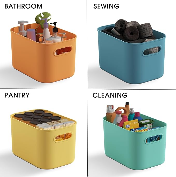 10 Pack Colorful Plastic Storage Bins, Storage Container for Organizing, Colored Storage Boxes with Handle for Shelves, Cute Organizer Bins for Craft, Snacks, Cabinet, 9.69x6.7x5.7 inch