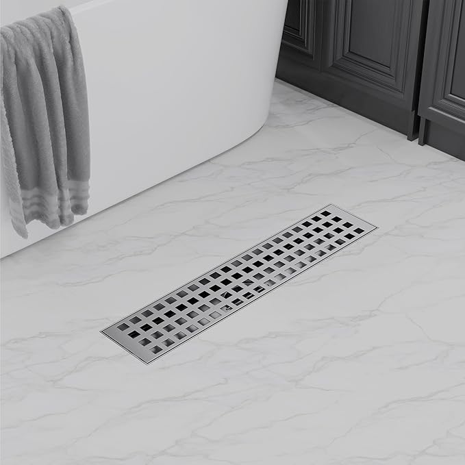 Linear Shower Drain 12 Inch, Modern Rectangle Shower Floor Drain with Removable Quadrato Pattern Grate, Stainless Steel SUS 304, Linear Drain with Leveling Feet& Hair Strainer
