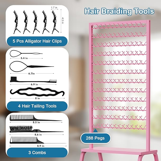 Portable Braiding Hair Rack with Wheels & Storage Drawers,2-Sided 288 Pegs,Hair Extension Holder Hanger for Braiding Hair Separator Stand Display,Hair Rack with Stylist Hair braiding Tools（Pink）