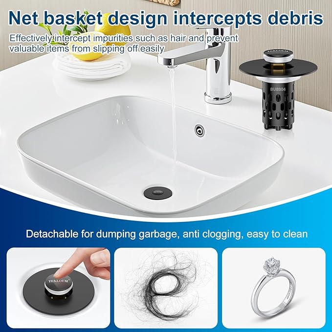 Bathroom Sink Stopper,All Metal Pop-Up Sink Drain Strainer with Removable Stainless Steel Filter Basket, Universal Bathroom Hair Catcher Fit for 1.1-2.36'' Drain (Black, 1 Pack)