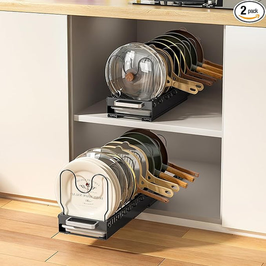 Pots and Pans Organizer Under Cabinet with Drain Board, Pull-out Expandable Pot Lid Organizer inside Cabinet Holder with 10 Adjustable Compartment, Rack for Cutting Board, Black (Pack of 2)